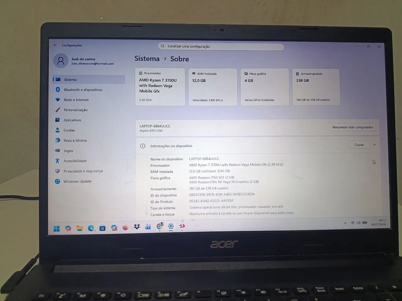Notebook Acer Aspire 3, Ryzen 7, 12gb Ram, Placa de Vídeo Dedicada, SSD NVME M2 - Foto 2