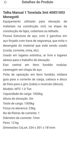 Talha Manual de Corrente Menegotti Mtc 1 Tonelada com 3 Metros - Foto 2