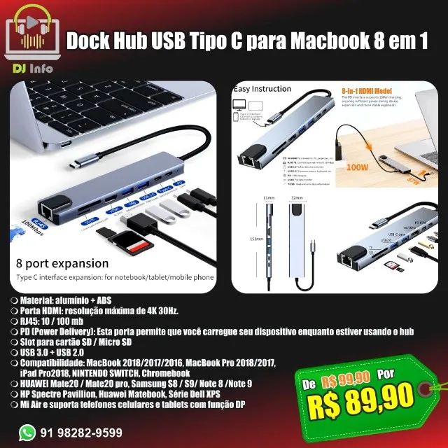 Dock Hub USB Tipo C para Macbook 8 em 1
