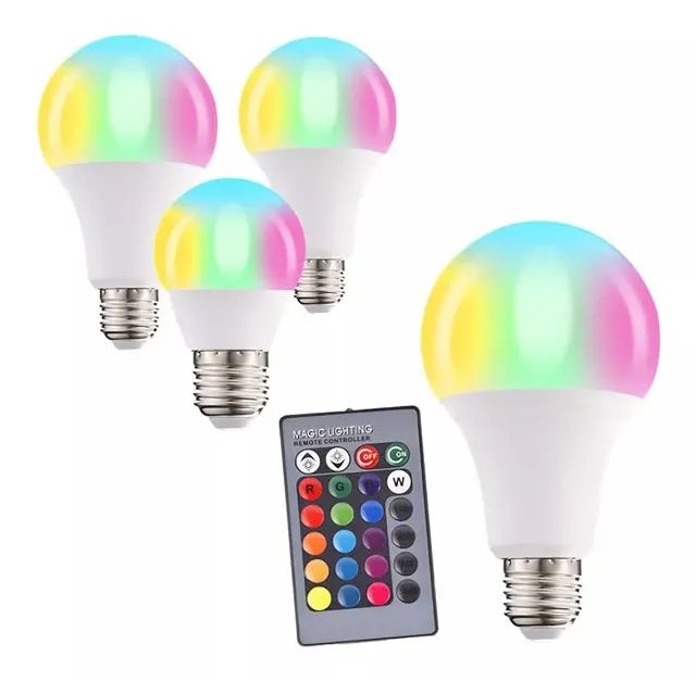 KIT 4 Lâmpadas Led RGB 16 Cores 5W Bivolt E27 +Controle Remoto - QUATRO UNIDADES+ CONTROLE