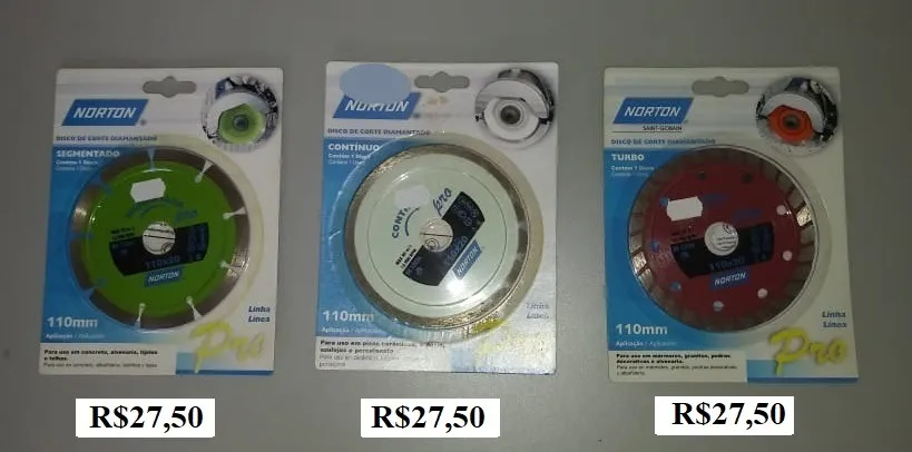 Disco de corte diamantado segmentado, contínuo e turbo