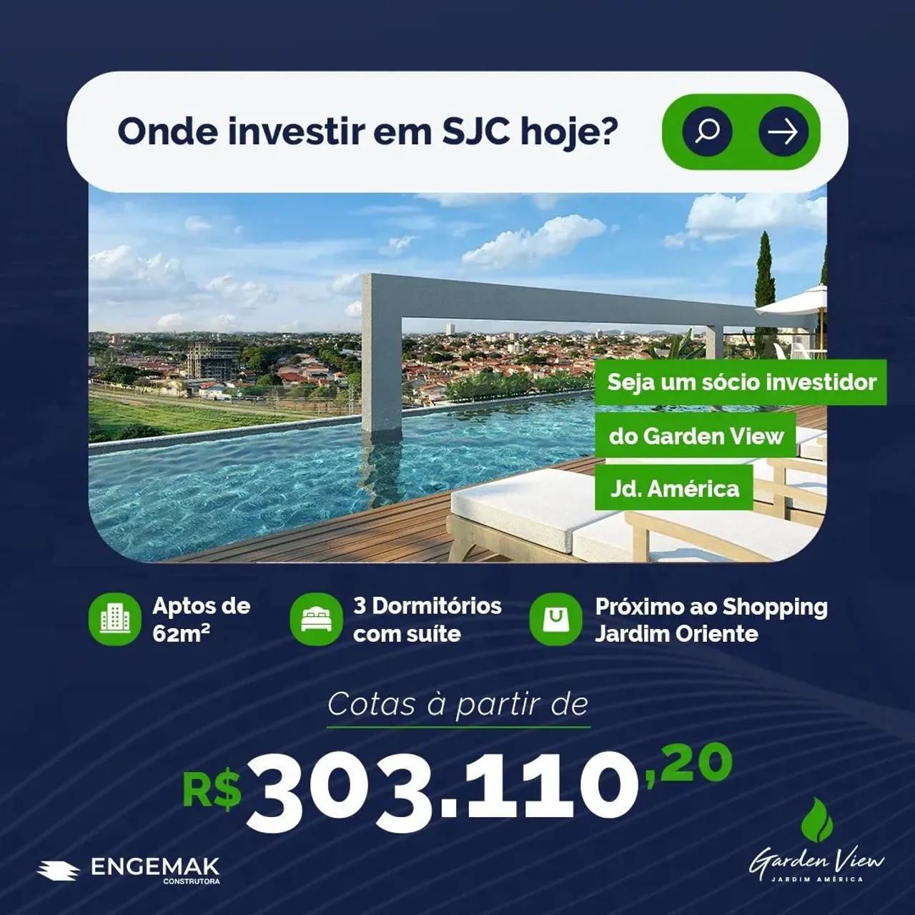 Invista agora mesmo na Zona Sul de SJC - 62m² com 3 Dormitorios com Suite e Varanda Gourme
