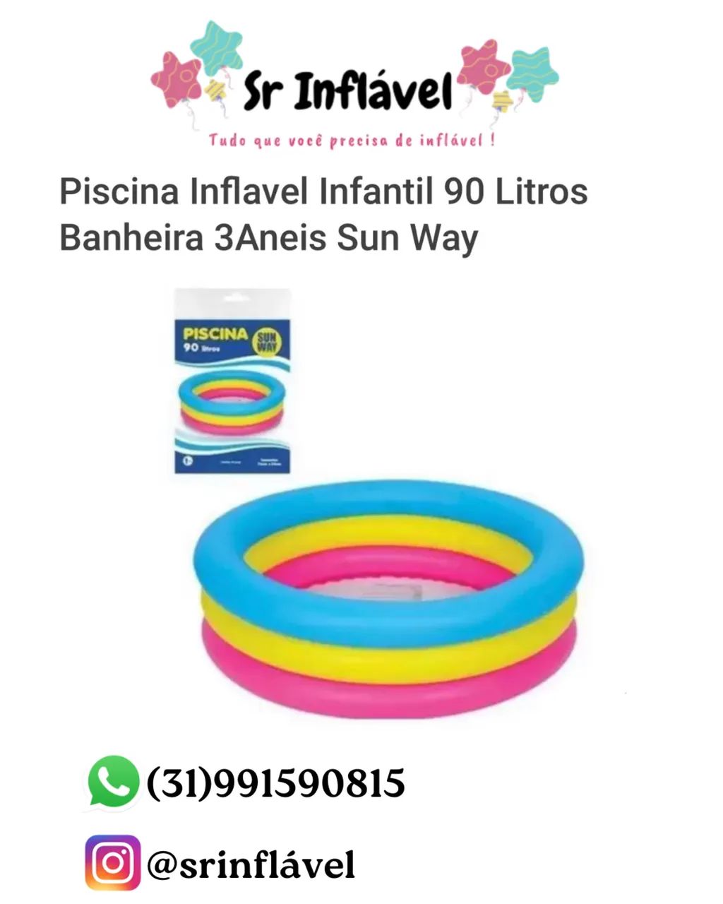 Piscina inflável infantil 90 Litros 3 anéis - NOVA