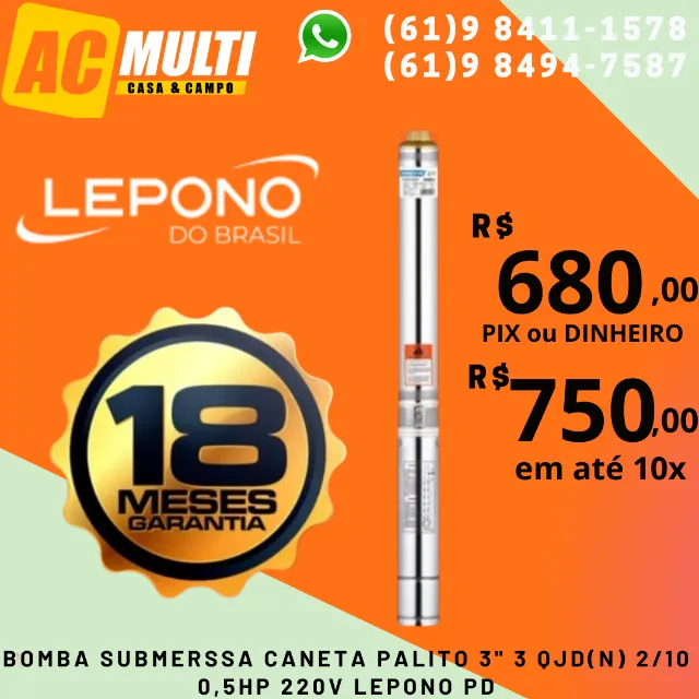 Bomba para poço artesiano Caneta Palito 3" 3 QJD(N) 2/10 0,5HP 220V Lepono pd