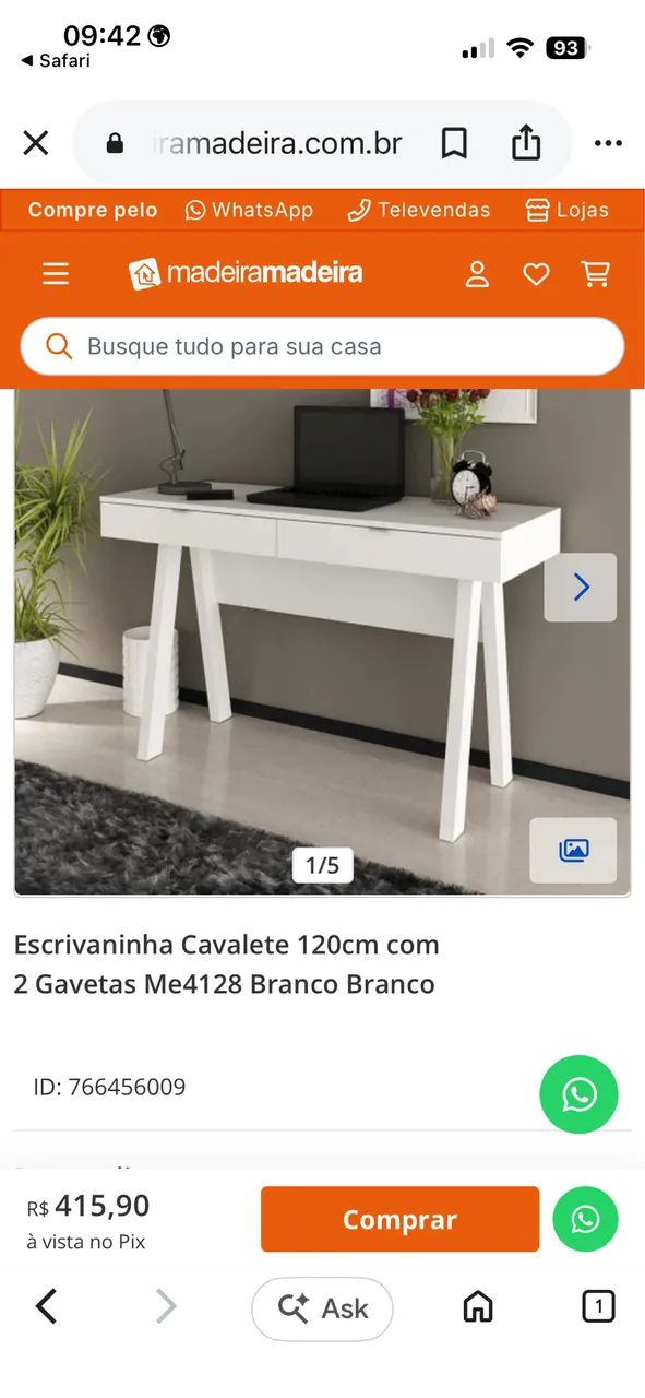 Escrivaninha Cavalete 120cm com 2 Gavetas Me4128 Branco