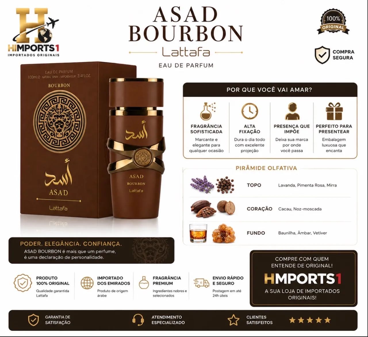 Perfume Árabe Lataffa Asad Bourbon Eau de Parfum Marrom Original-100ml - Foto 2