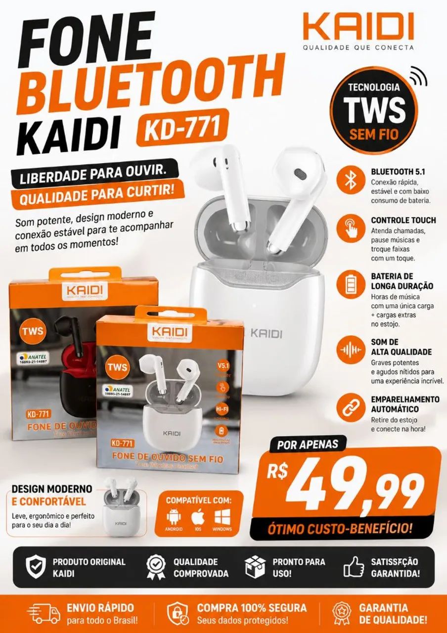 Fone bluetooth kaidi 