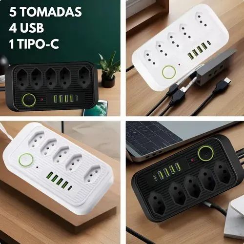 Extensor de Tomada Filtro de Linha - 4 USB - 1 USB-C - 5 Tomadas