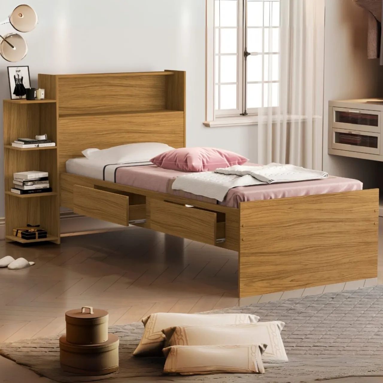 Cama solteiro com gavetas e baú Isa Nature Madec móveis - ENTREGA HOJE !!! 