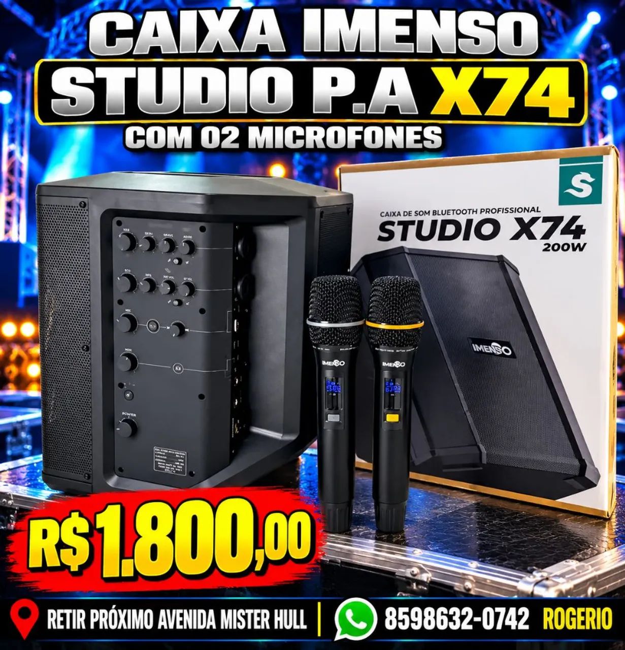 CAIXA IMENSO STUDIO P.A X74 COM 02 MICROFONES 