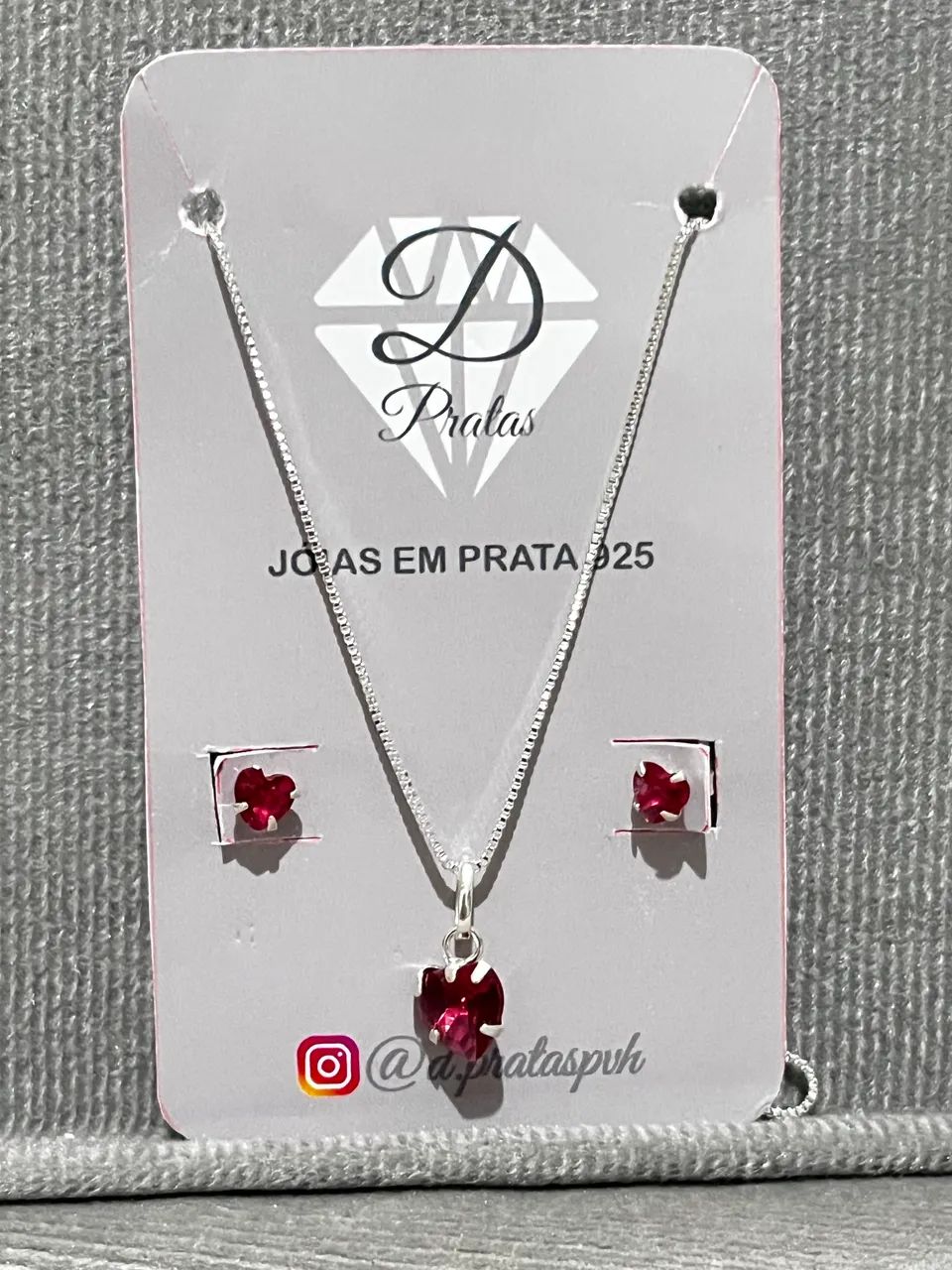 Conjunto colar e brinco coração vermelho, em Prata 925 - Foto 4
