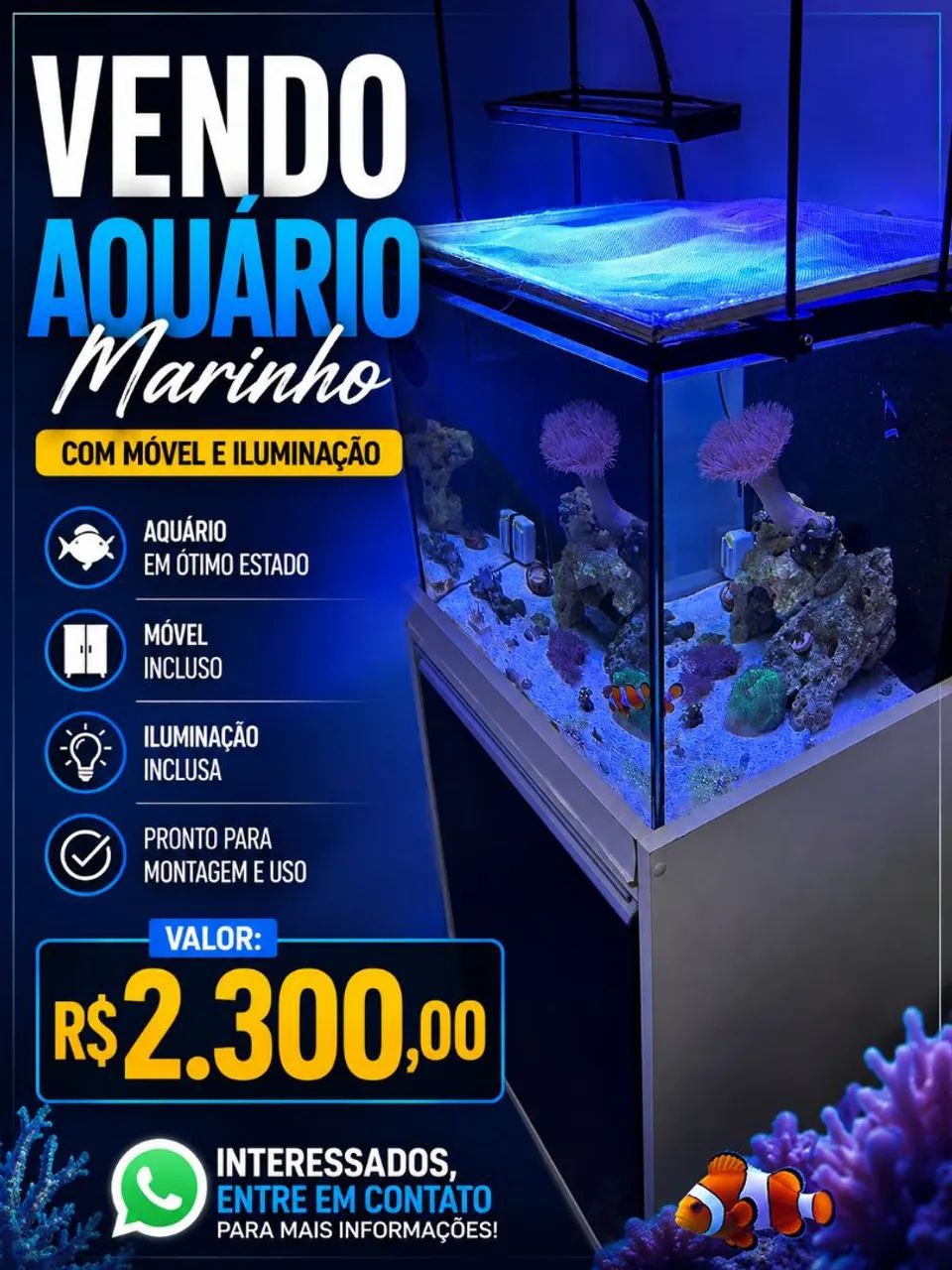 Aquário marinho com móvel e luminária 