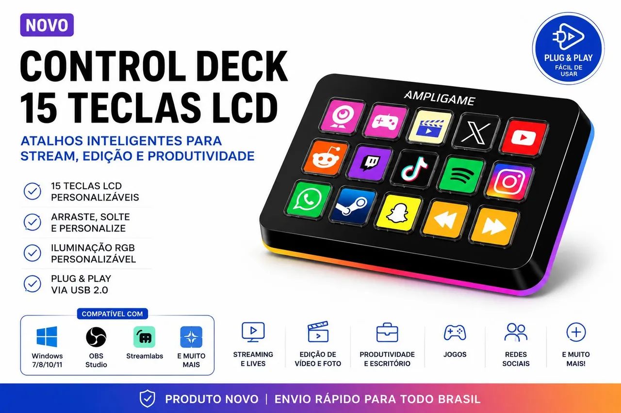 Control Deck 15 Teclas LCD RGB Stream Deck OBS TikTok
