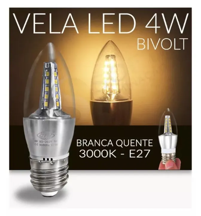Kit 8 Lâmpadas LED Vela 4W Bivolt Branco Quente E27