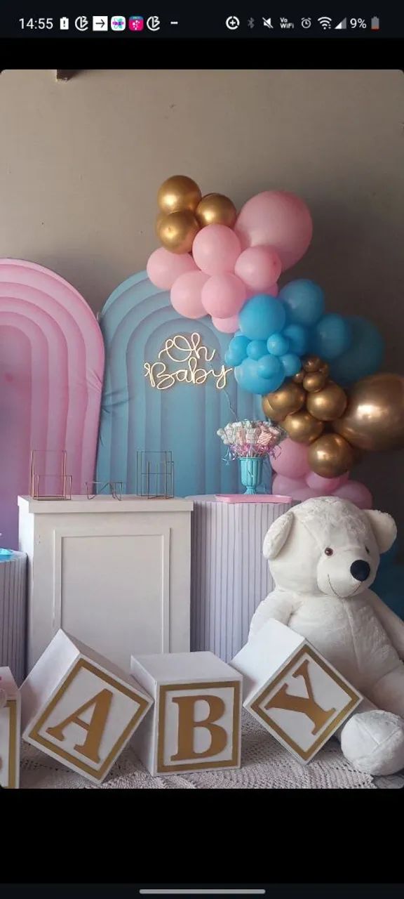 Tema Baby Chá Revelação azul e rosa - Foto 3