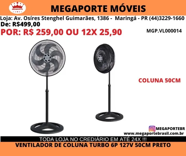 Ventilador de Coluna 50cm 6 Pás Turbo Ventisol 127V