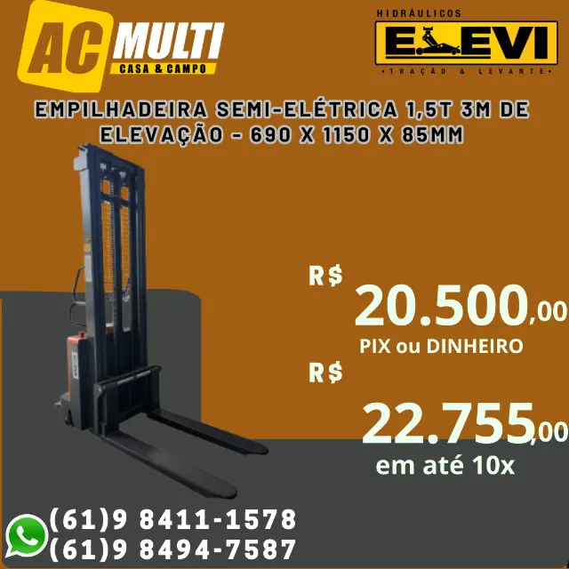 Empilhadeira Semi-Elétrica 1,5T 3m de Elevação - 690 x 1150 x 85mm