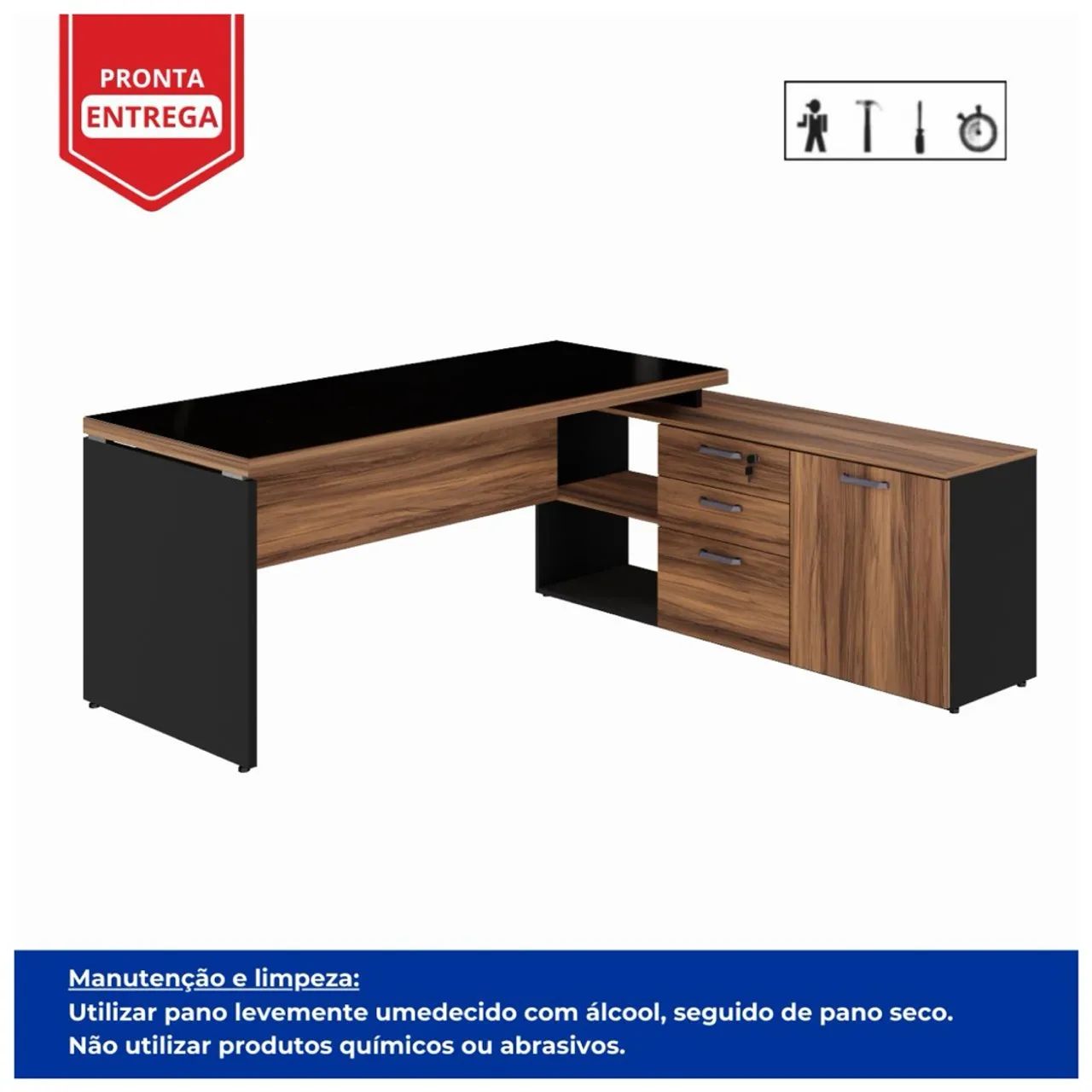Mesa com TAMPO DE VIDRO de Escritório em L com Gavetas e Armário - Foto 2
