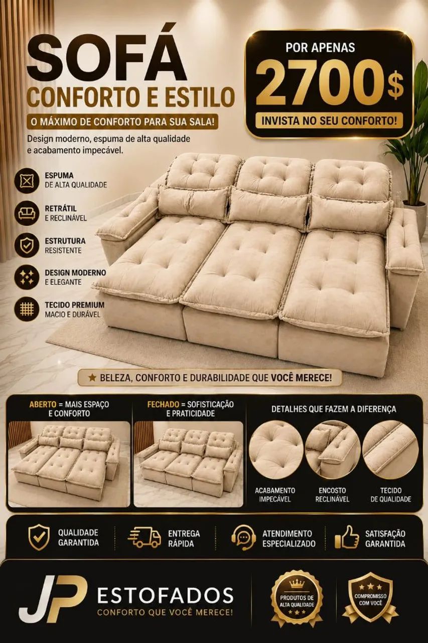 SOFÁ RETRÁTIL RECLINÁVEL COM PILLOW TOP 