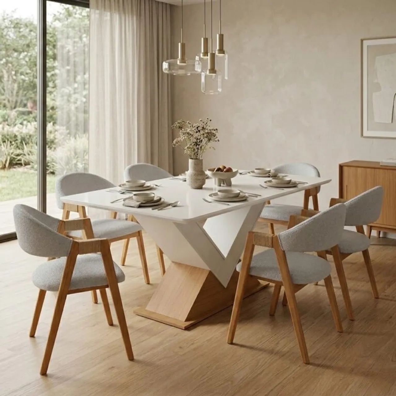 Mesa de Jantar Nayara com 6 Cadeiras Concha  Linho tt443