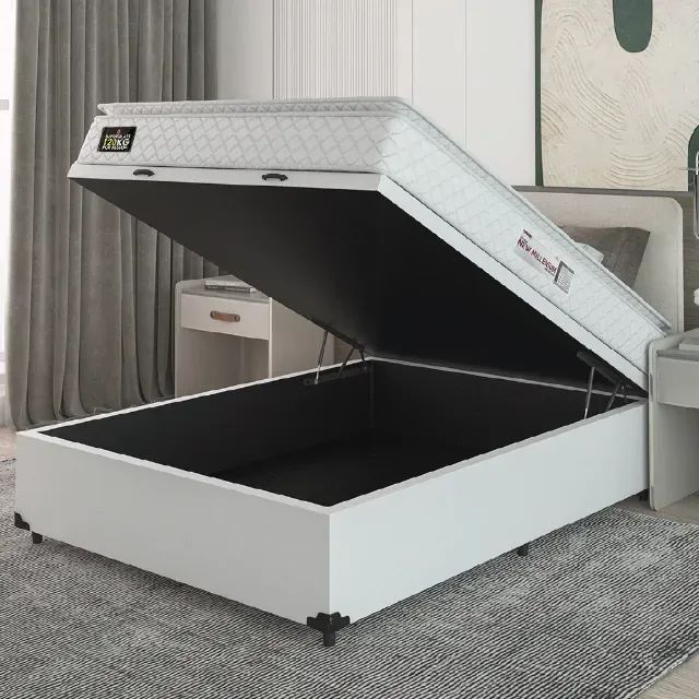 Colchão Casal Espuma D33 + Cama Box Baú da cor Branco