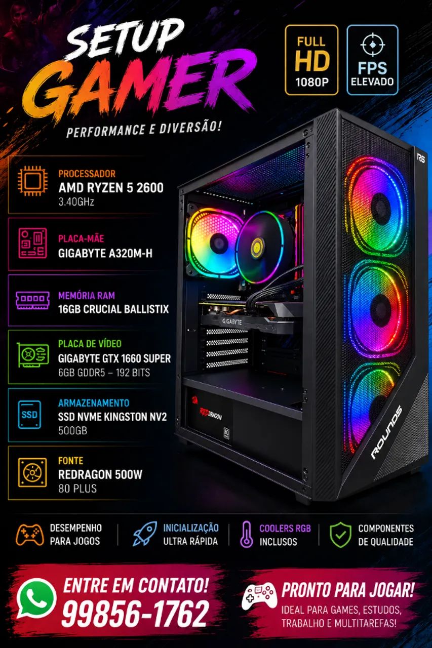 PC Gamer Ryzen 5 2600 GTX 1660 Super - Completo - Até 12 X 246,00