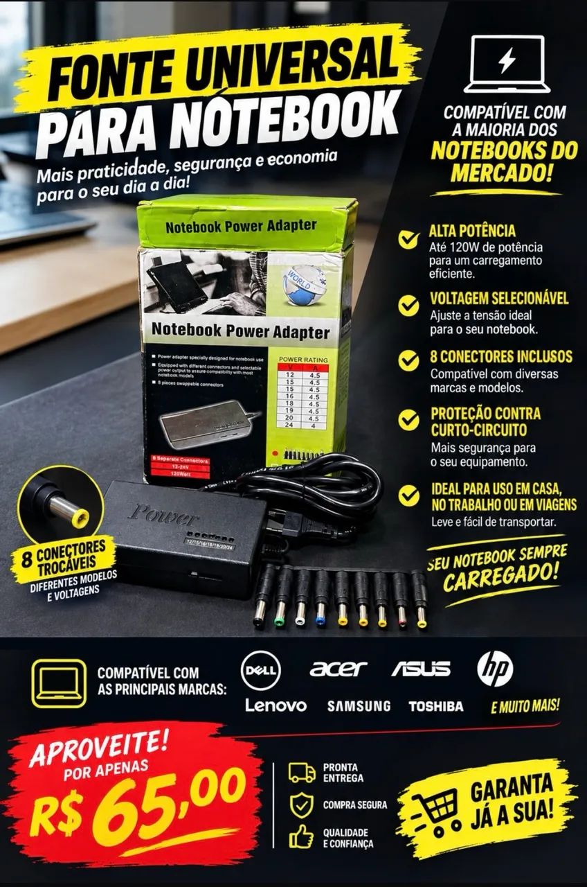 Fonte Universal para Notebook 120W + 8 Conectores |