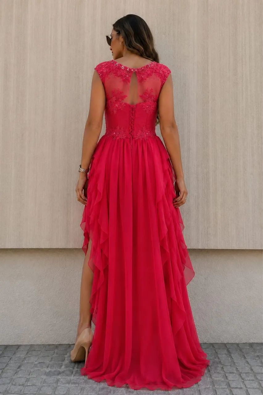 Vestido de Festa Pink Mullet com Renda e Transparência - Elegante - Foto 2