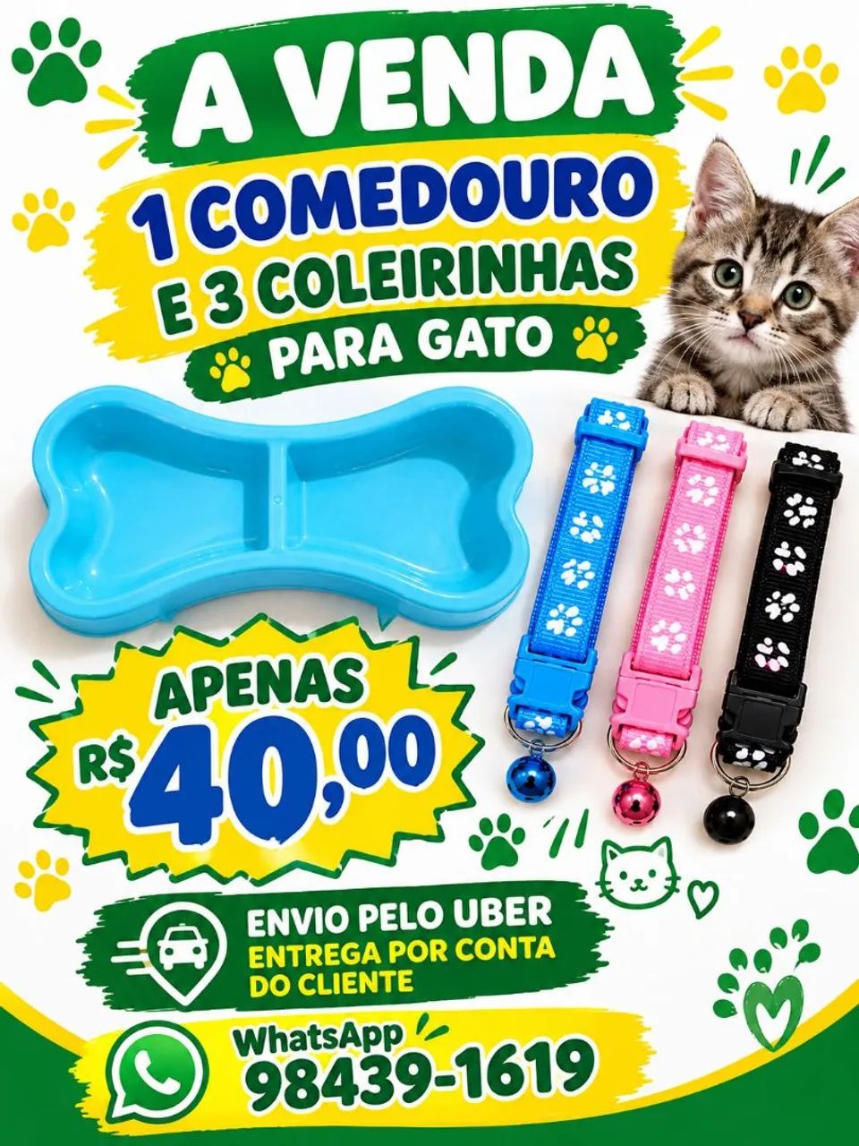 1 COMEDOURO 3 COLEIRINHAS PARA GATO