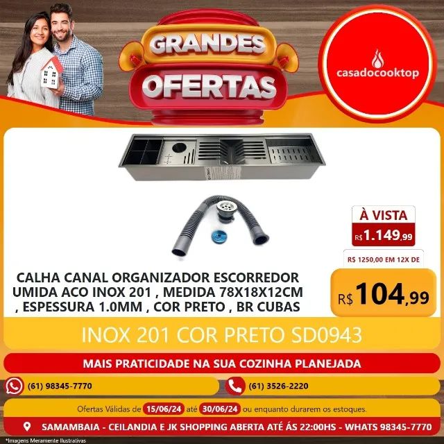 Calha canal umida organizador br cubas 78x18x12cm aco inox 201 1.0mm cor preto 