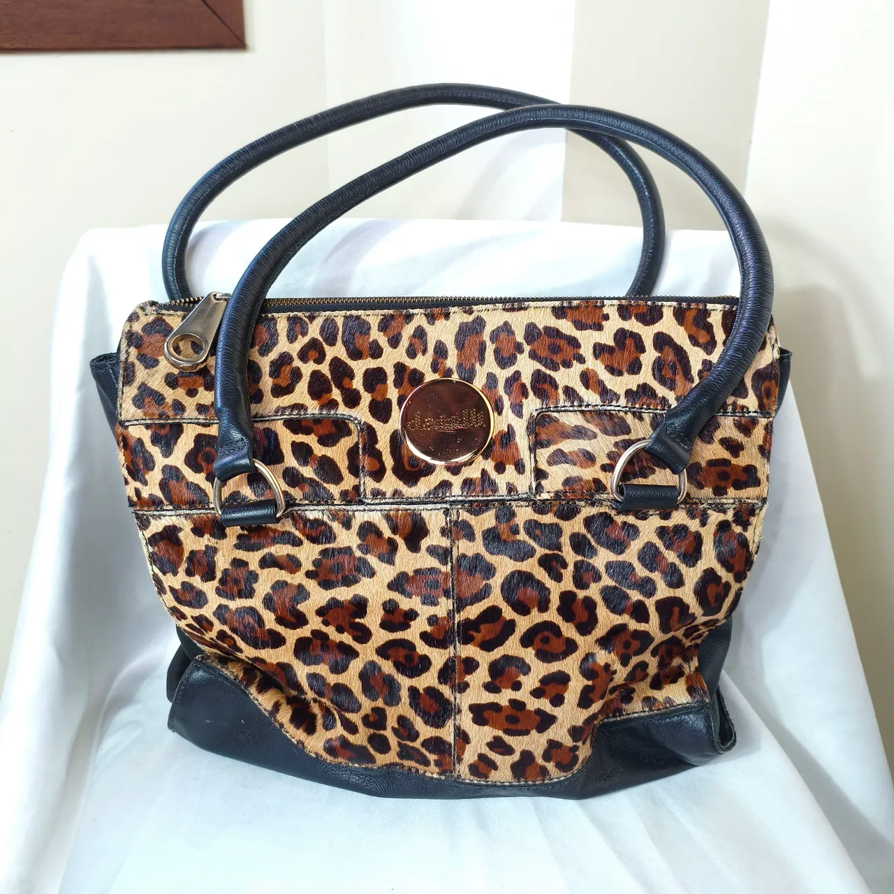 Bolsa em couro legítimo com pele natural animal print datelli