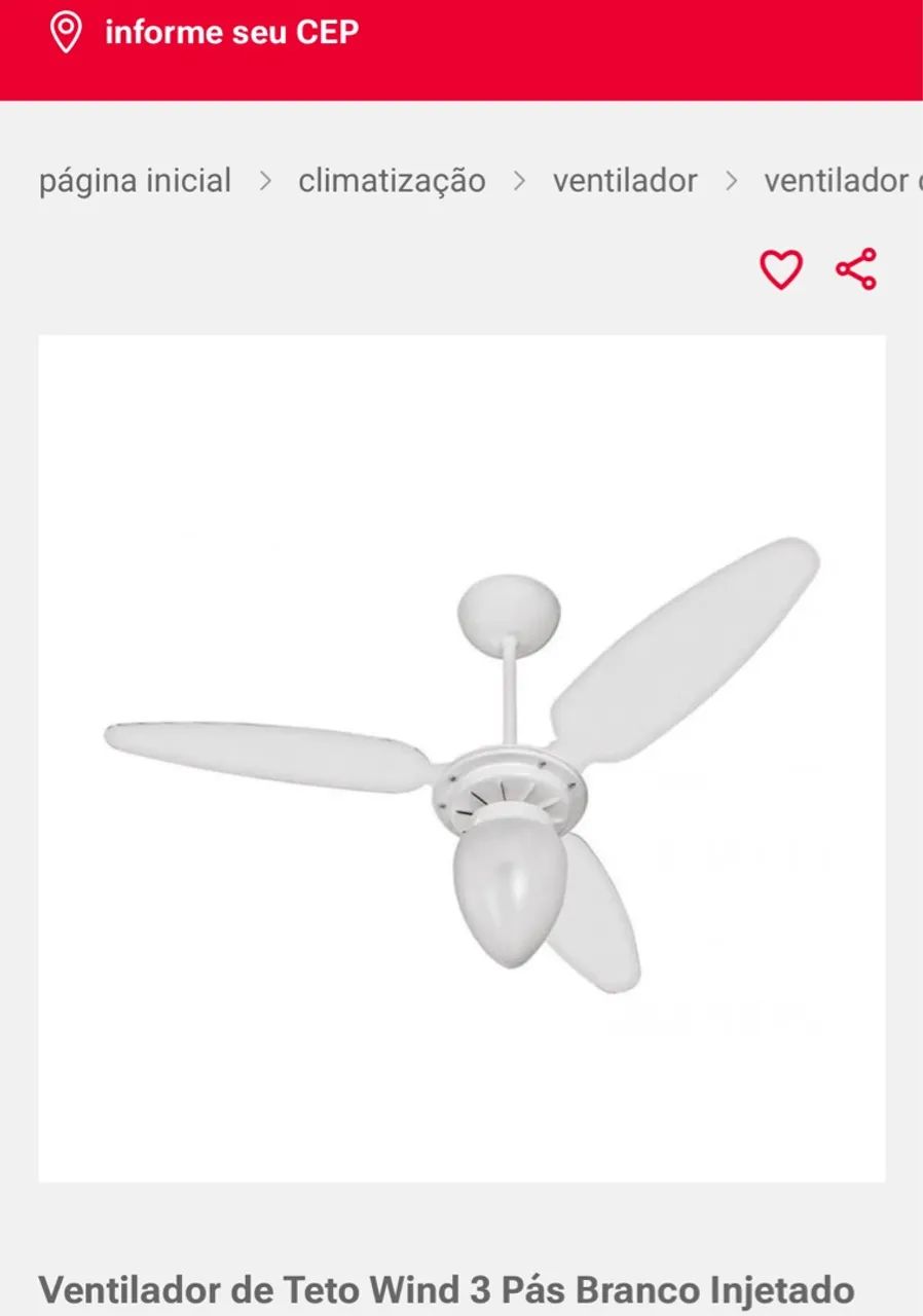 Ventilador de Teto Wind 3 Pás Branco Injetado