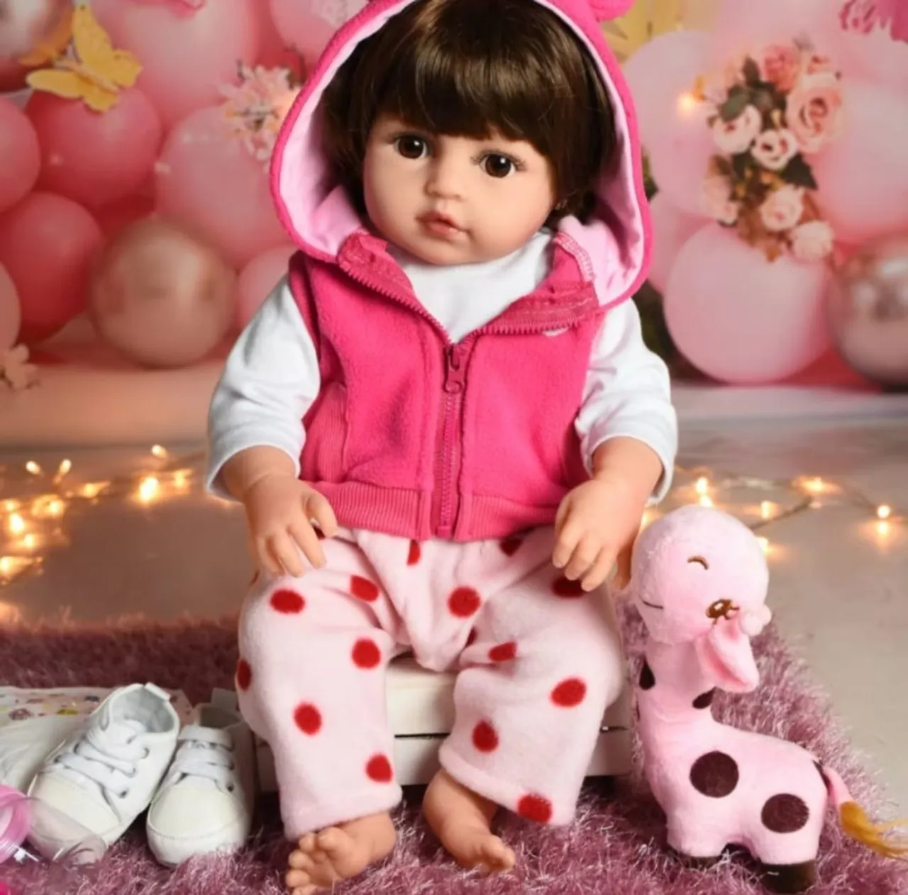 Linda Boneca Bebê Reborn com Roupinha e Girafa de Pelúcia