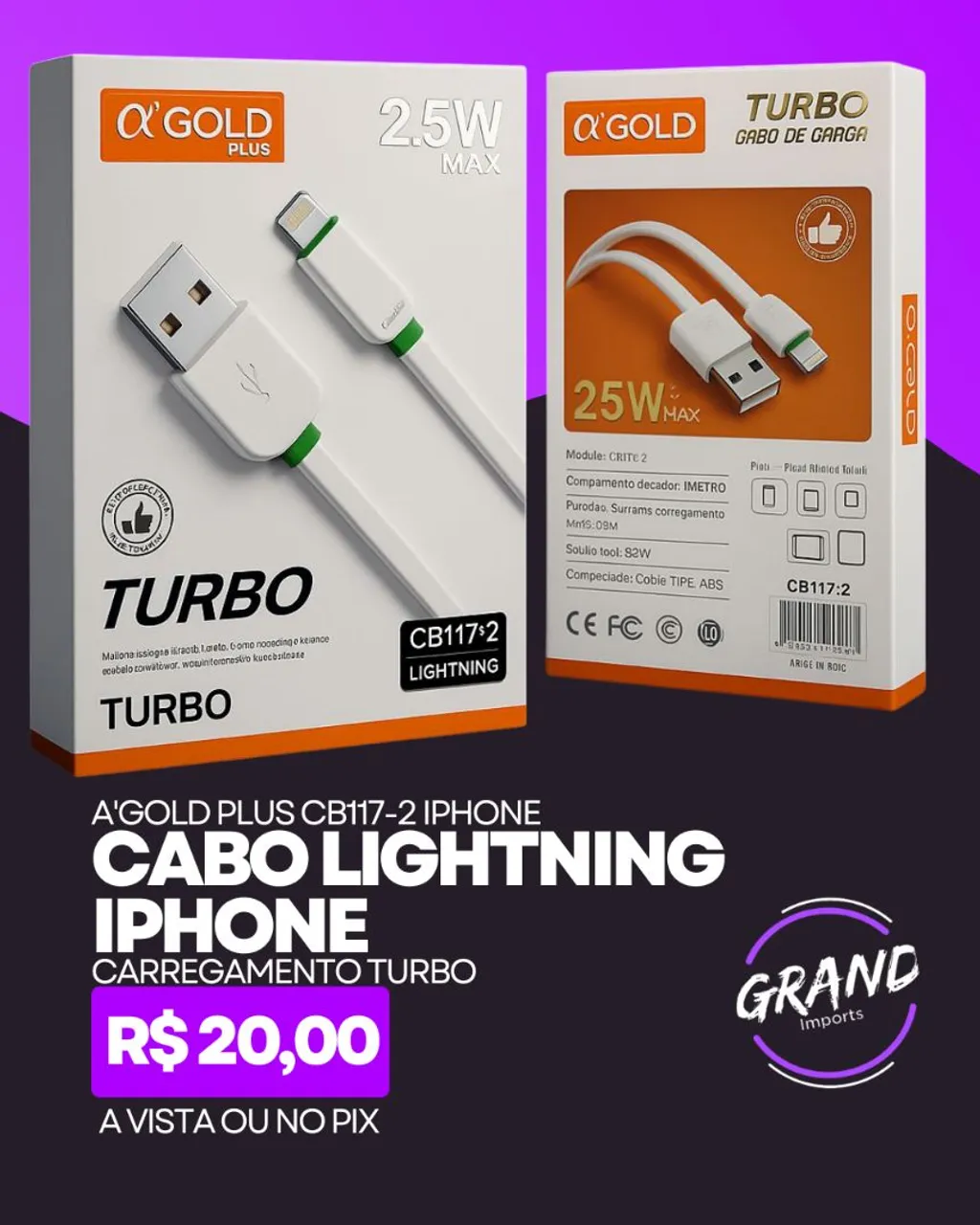 Cabo Lightning Turbo A'Gold iPhone - Carregamento Rápido