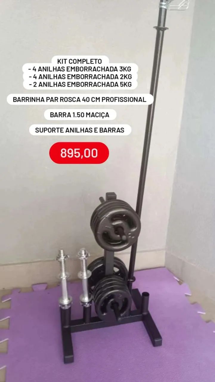 Kit Completo de Musculação - Anilha, Barra e Suporte