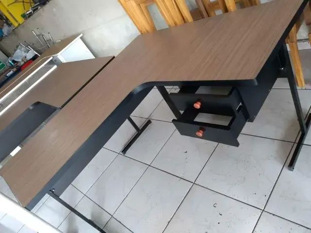 L-shaped desk with wooden top and black iron legs, free shipping
