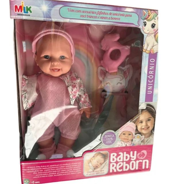 Boneca Bebe Reborn com Naninha de Unicórnio e Mordedor - Milk brinquedo ml:629