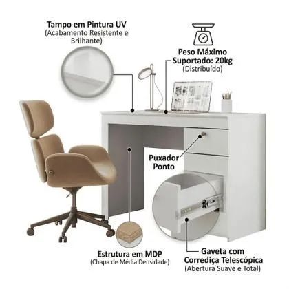 Escrivaninha Home Office Notebook Branco Iris <br> - Foto 2