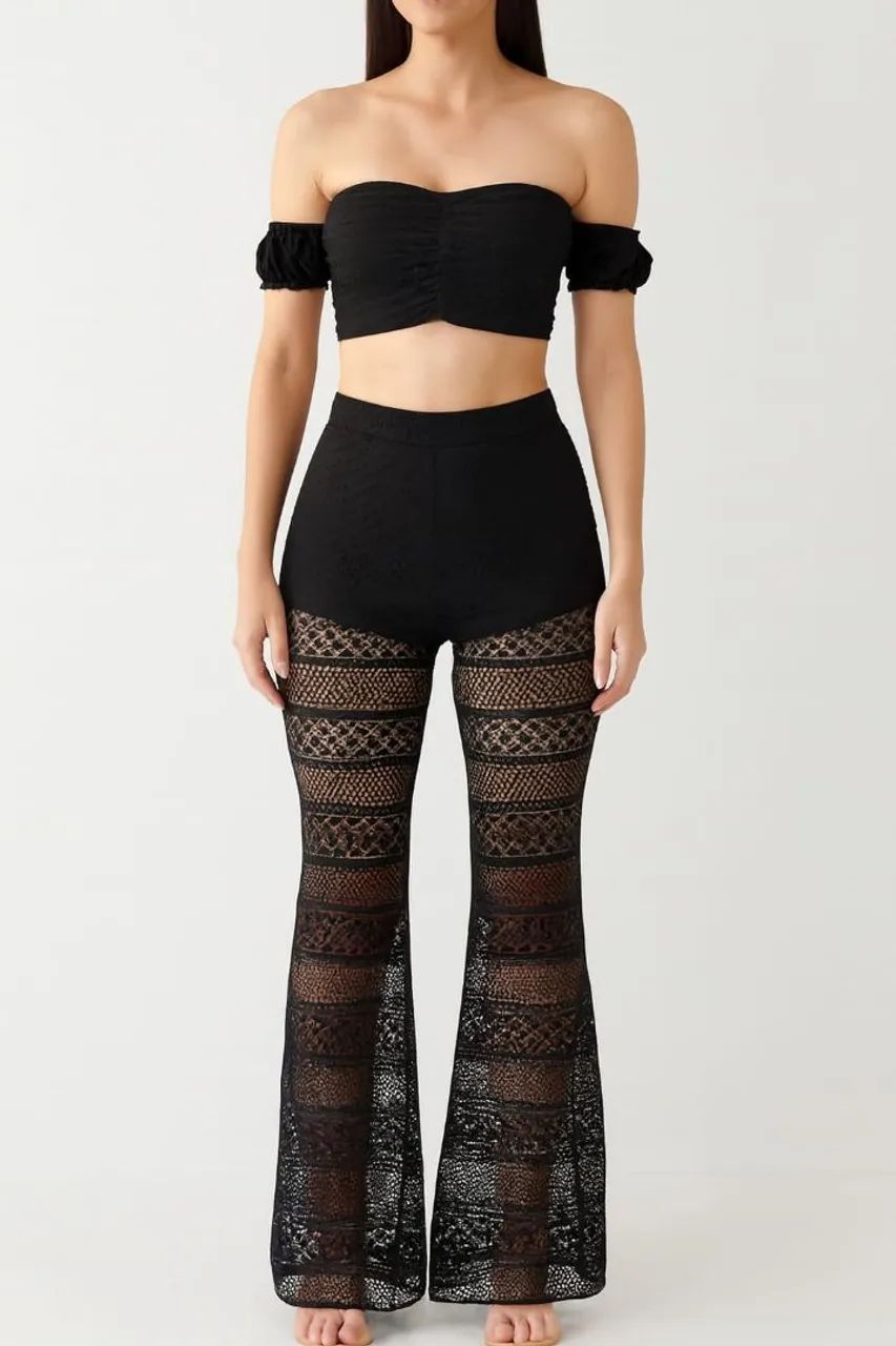 Conjunto Preto Cropped+ Calça Preta Renda P