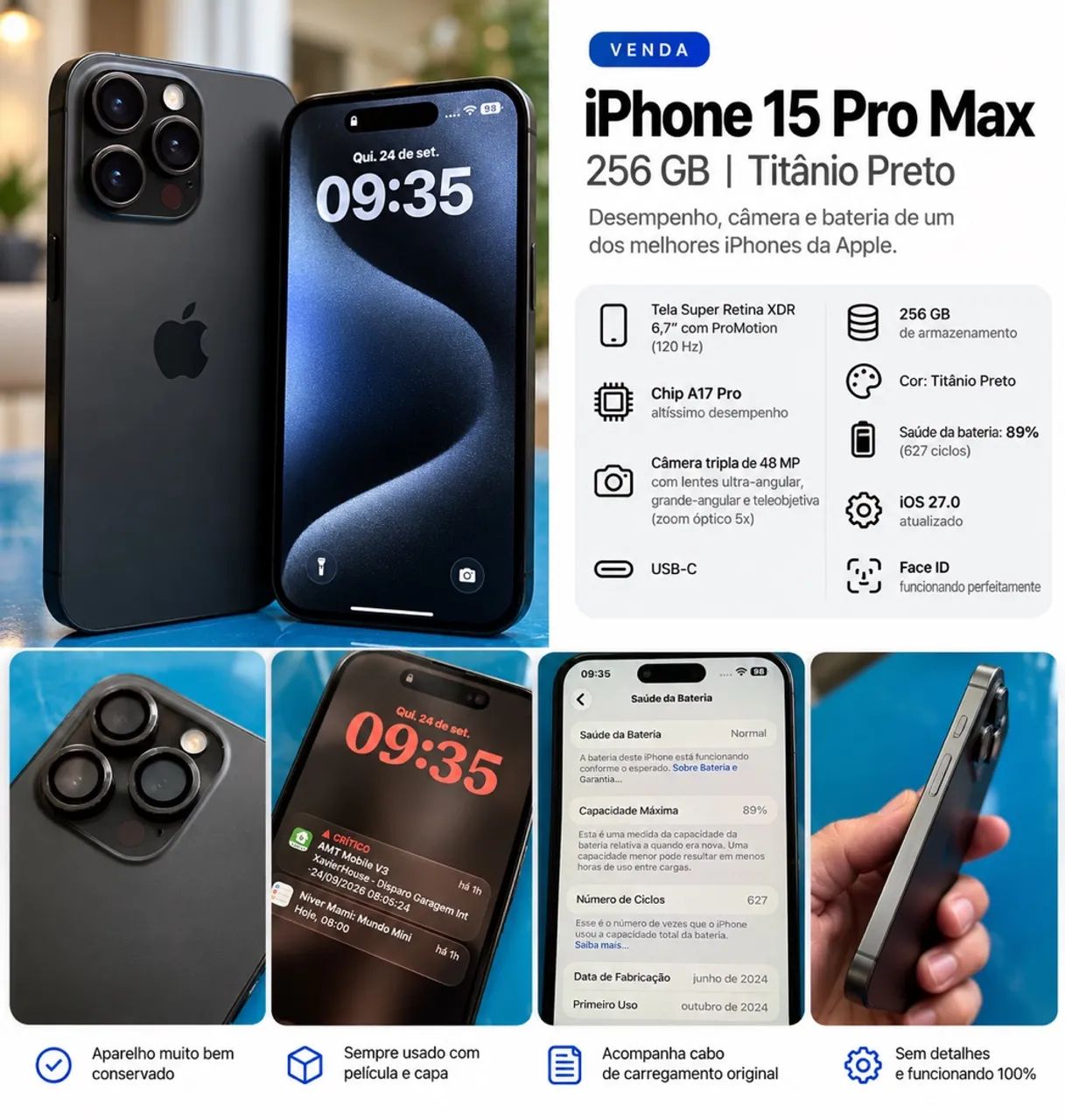 iPhone 15 Pro Max - 89% de bateria - Excelente funcionamento