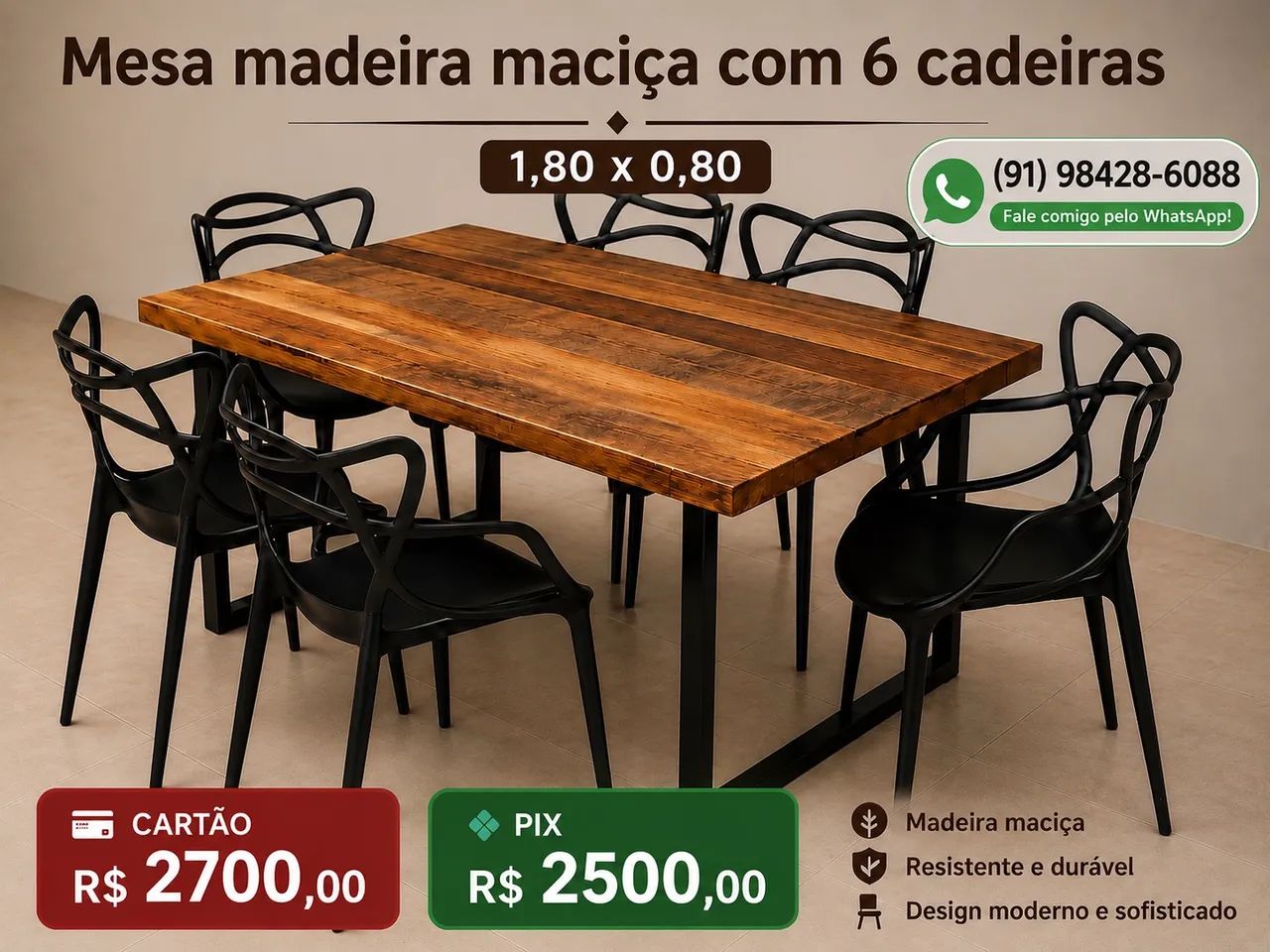 Mesa de madeira maciça com 6 cadeiras