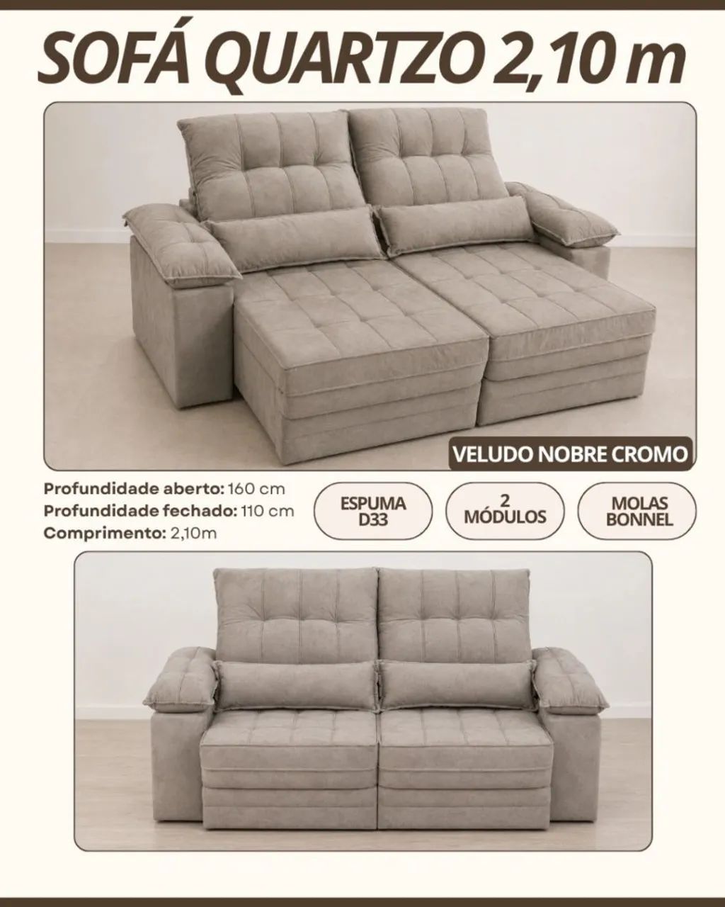 Sofá retrátil reclinável de 2.10m 