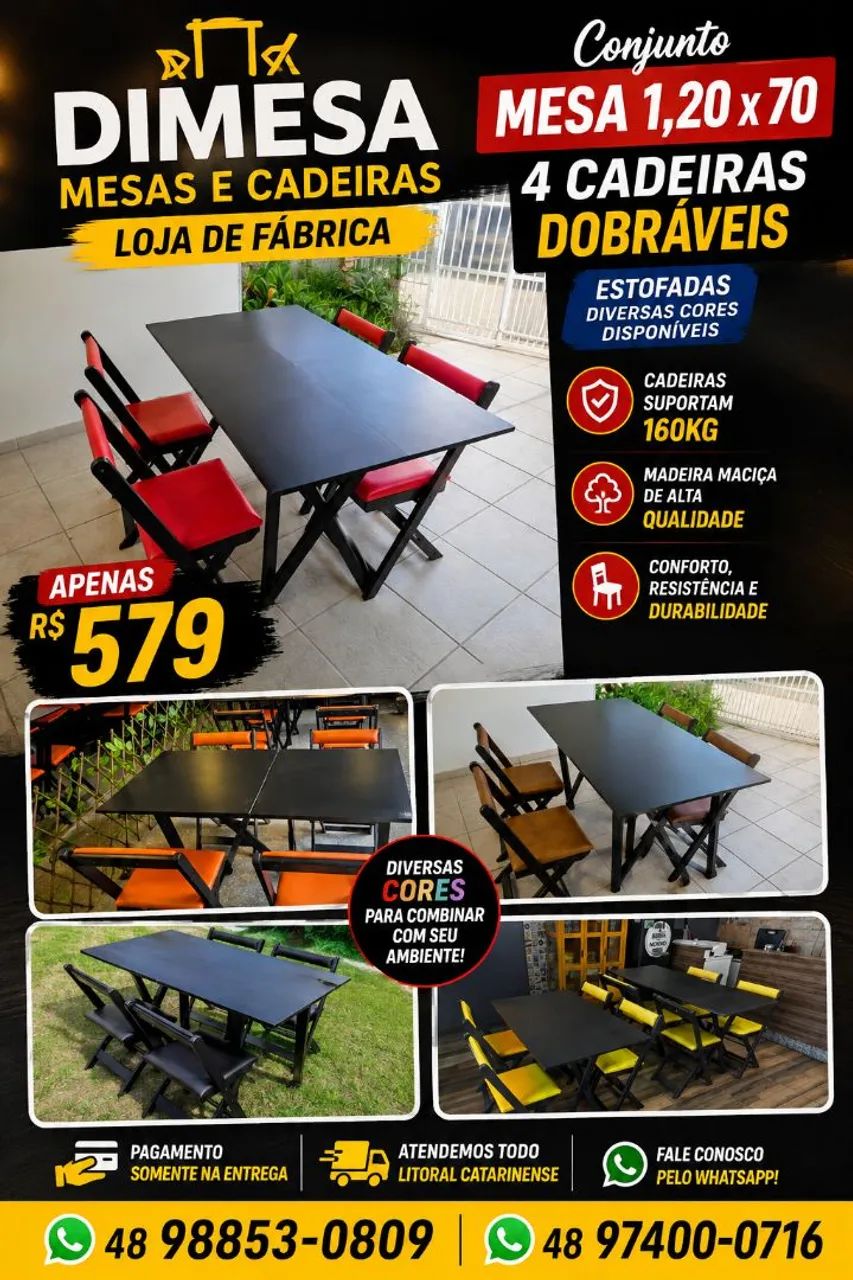 Conjunto estofado 1,20x70 mesa e 4 cadeiras dobráveis 