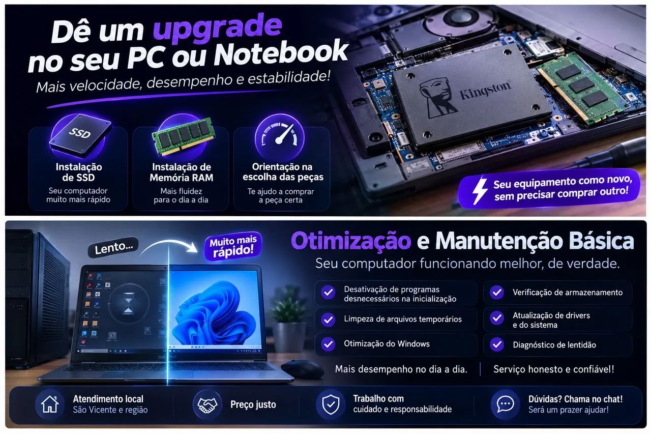 Manutenção/Conserto e Upgrade de PC/Notebook - SSD, RAM e Otimização