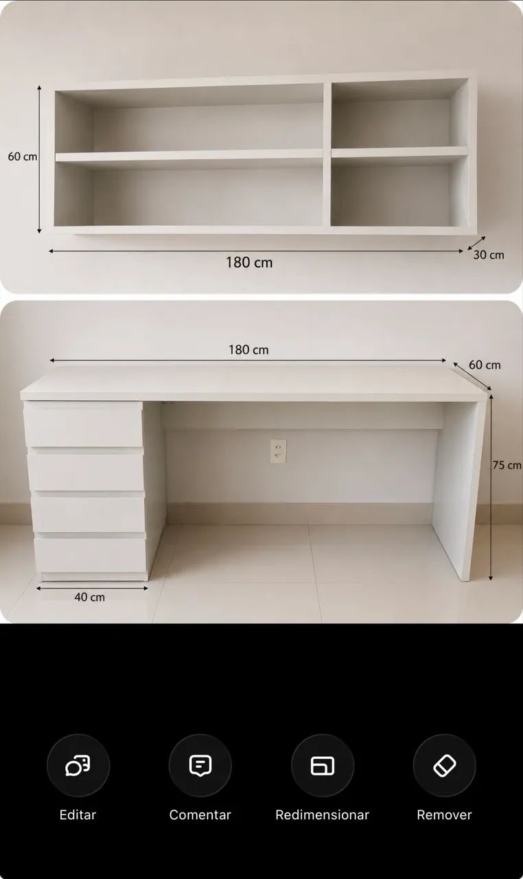 Mesa de escritório e estante suspensa - MDF cinza 