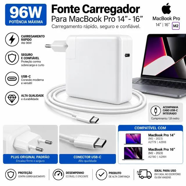 Carregador 96W Compatível com Macbook Pro Com Cabo Tipo C - Foto 3