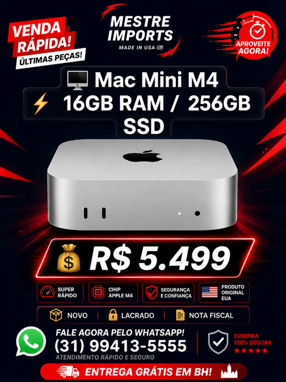 Mac Mini M4 16GB RAM 256GB SSD, Lacrados, Nota Fiscal, Garantia de