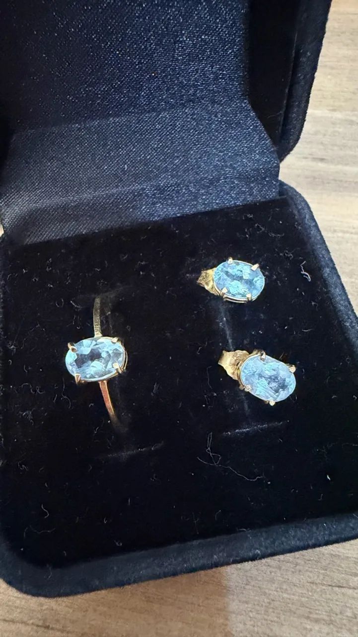 Conjunto brincos e anel ouro 18k