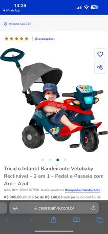 Triciclo Infantil Bandeirante Velobaby Reclinável - 2 em 1 - Pedal e  Passeio com Aro - Azul Claro