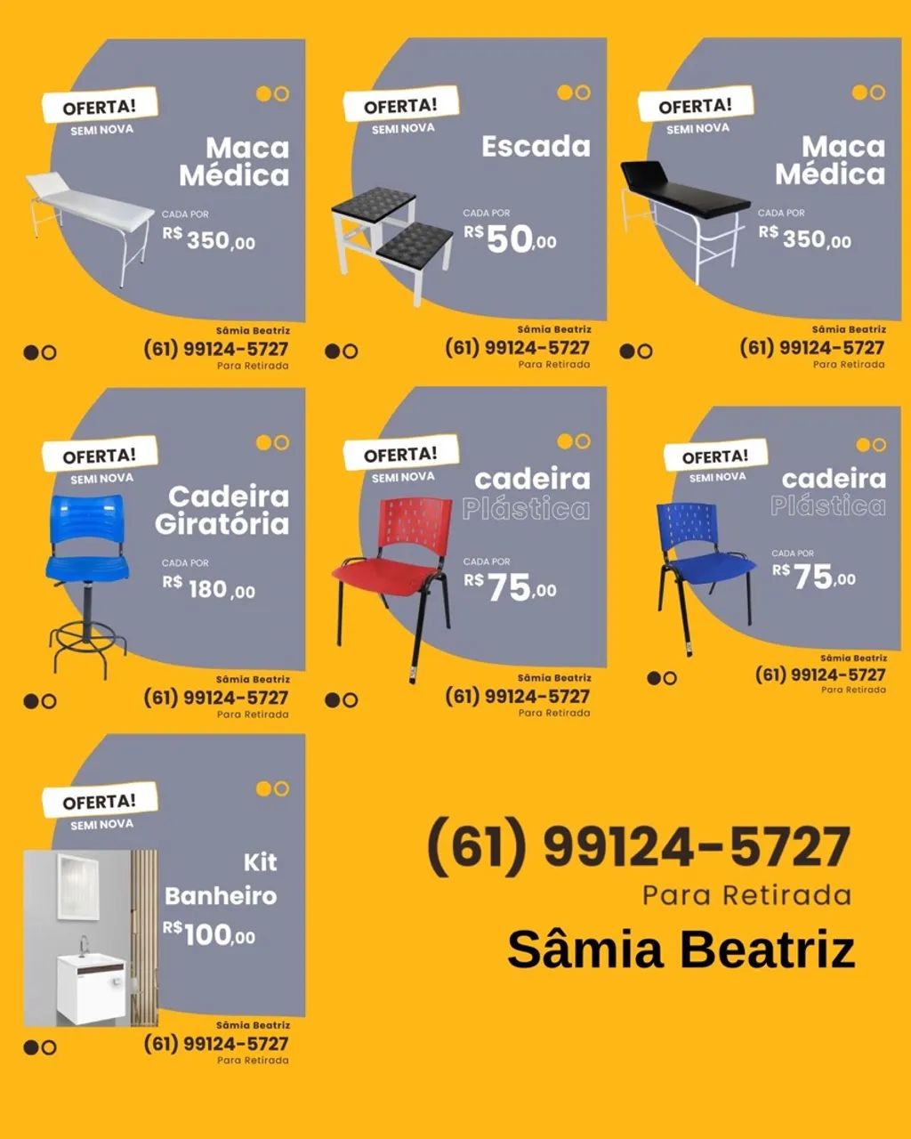 Mesa de escritório, cadeira giratória, mesa de reunião, escada, kit de banheiro